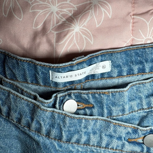 Altar'd State Light Blue High-Waist Wrap Denim Shorts - Picture 2 of 3